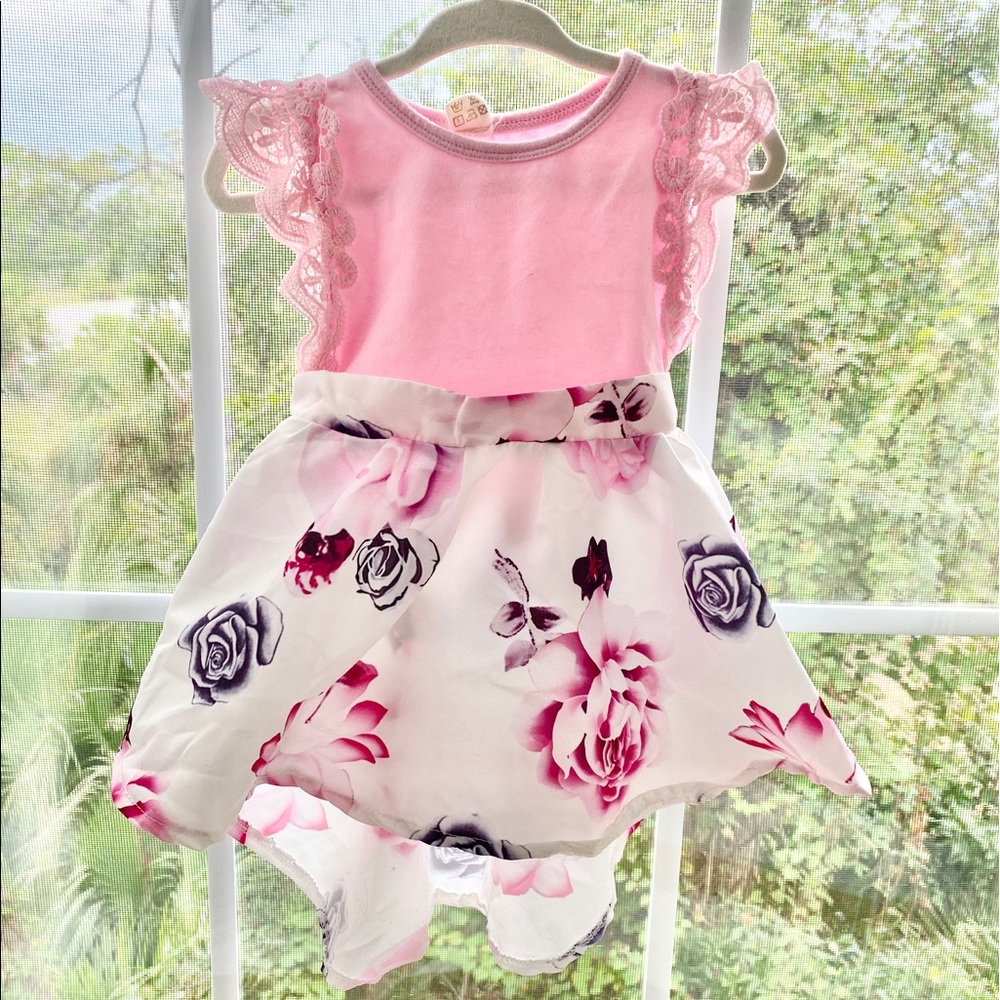 2T Pink dress crocheted sleeves rose print